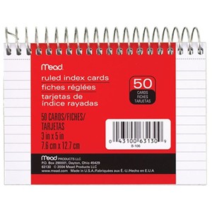 Index Cards, Spiral, 3" x 5" Ruled, 50 Count